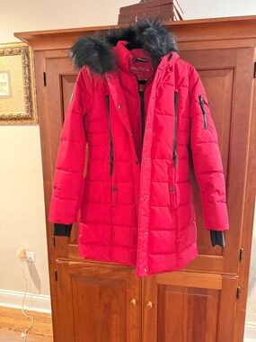 Nautica Red Quilted Hooded Puffer Coat with Black Faux Fur Trim